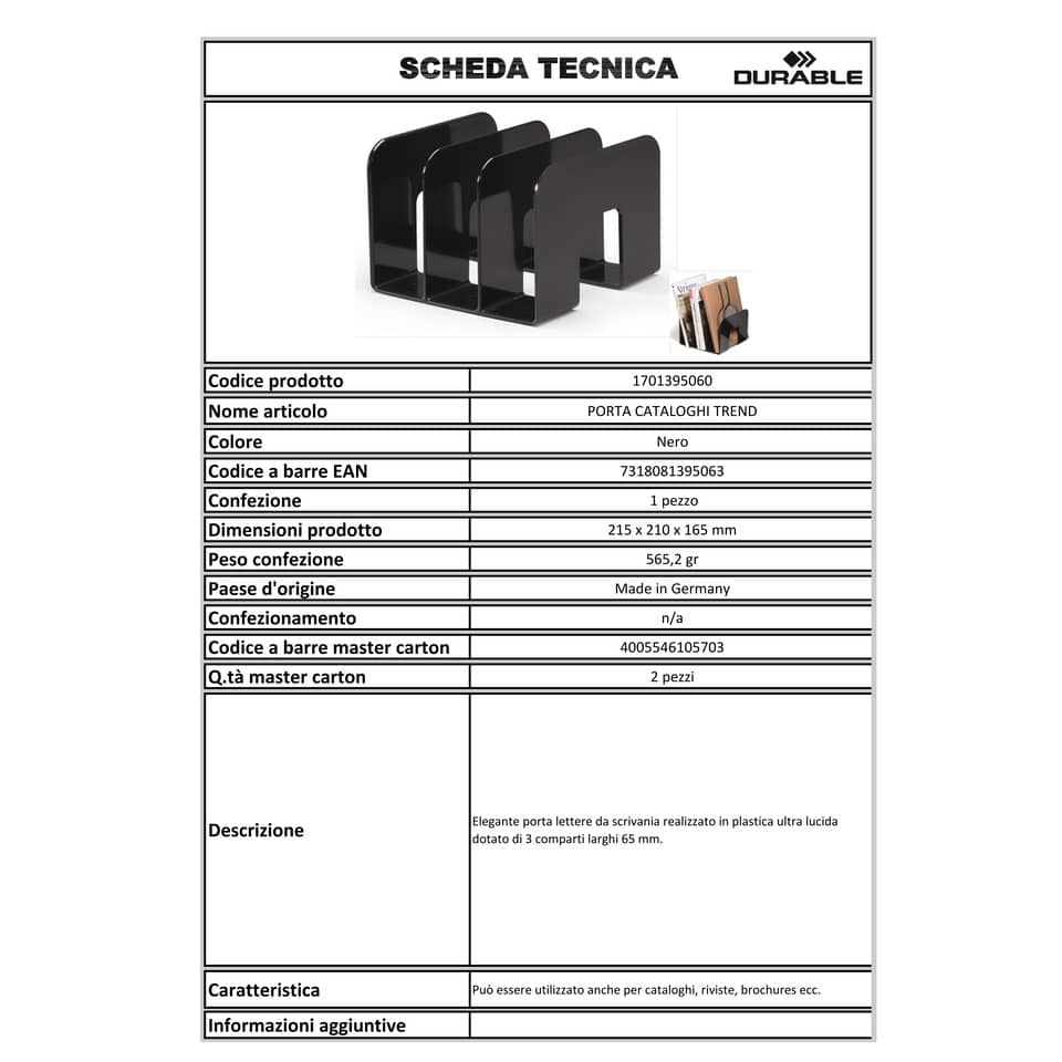 Porta cataloghi DURABLE TREND polistirolo nero 21,5x21x16,5 cm 1701395060