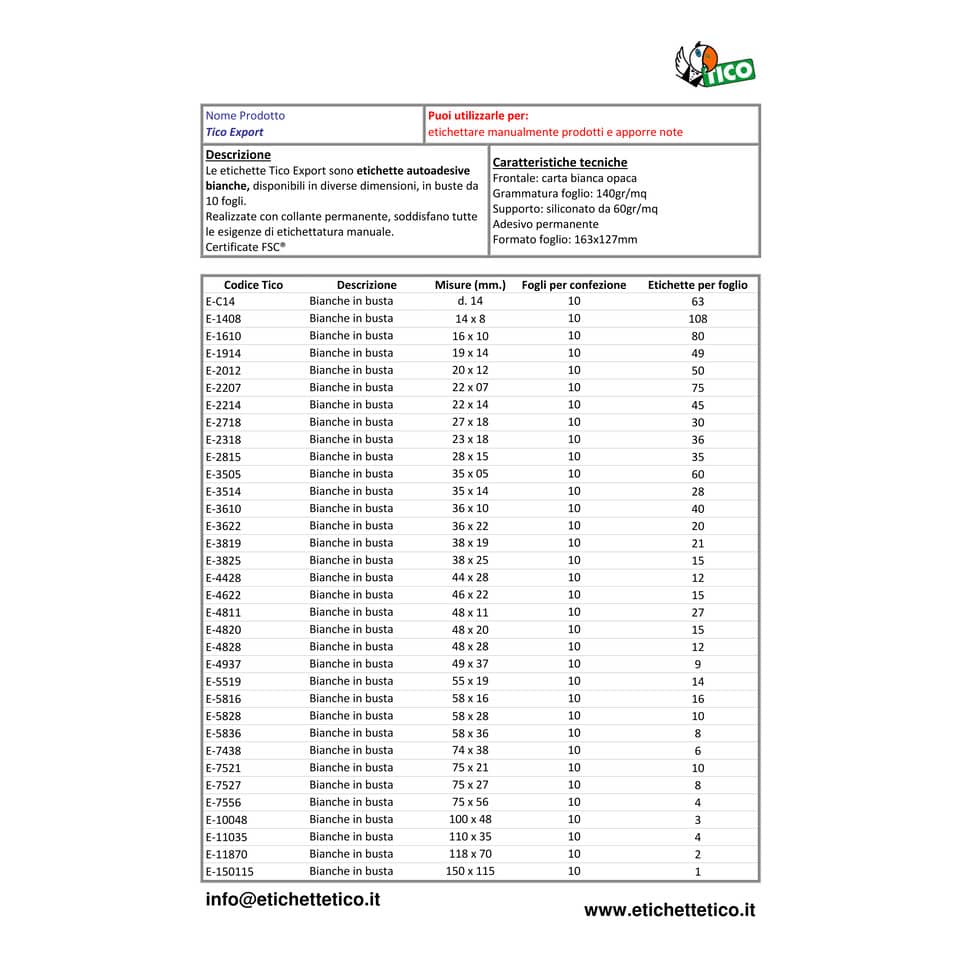 Etichette bianche scrivibili a mano TICO Export 100x48 mm - 3 et./foglio - bustina da 10 fogli - E-10048