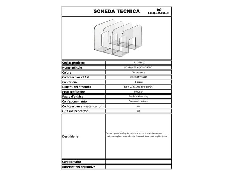 Porta cataloghi DURABLE TREND polistirolo trasparente 21,5x21x16,5 cm 1701395400