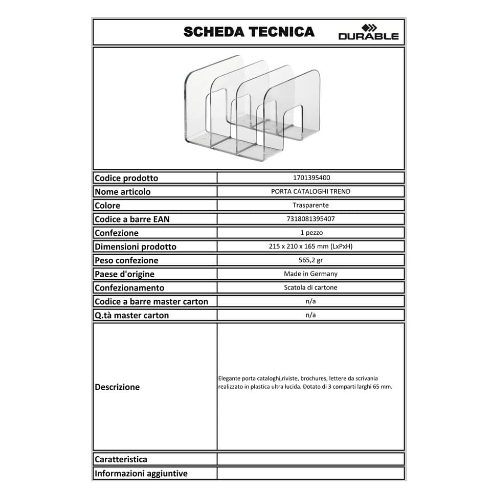 Porta cataloghi DURABLE TREND polistirolo trasparente 21,5x21x16,5 cm 1701395400