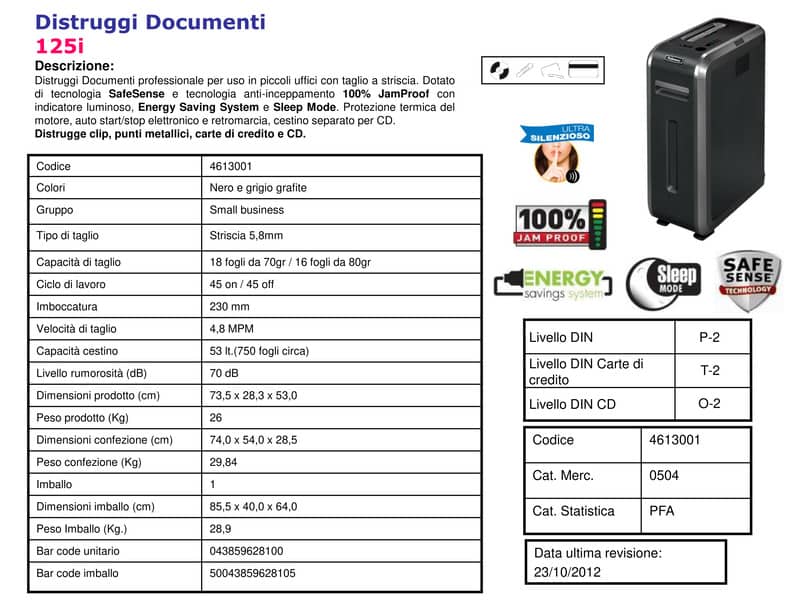 Distruggidocumenti uso moderato FELLOWES Powershred® 125i P-2 - 53 L - taglio a strisce da 5,8 mm - 4613001