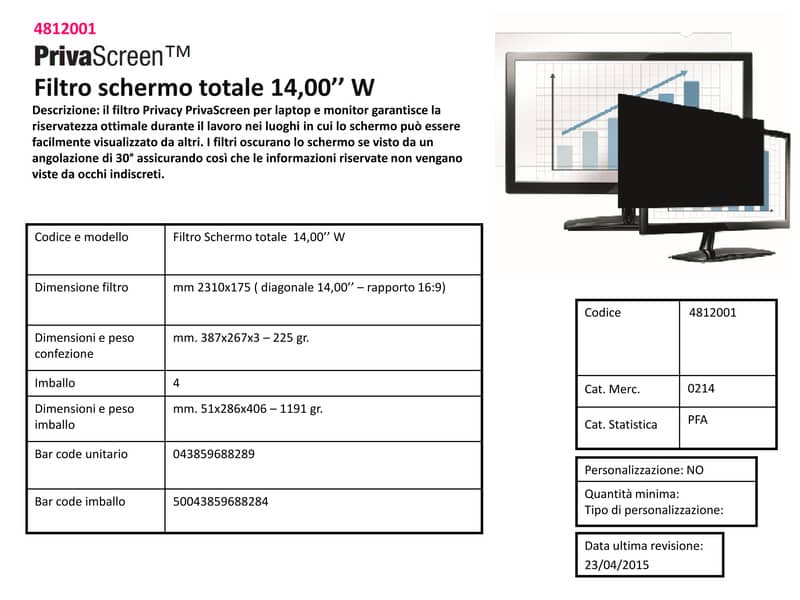 Filtri privacy Fellowes per monitor 14 pollici W.S.  nero 4812001