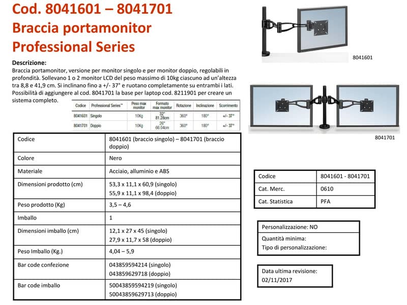 Braccio Monitor Singolo per regolare monitor LCD/TFT Fellowes Professional Series™nero max 32 pollici - 8041601