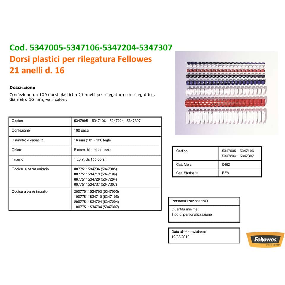 Dorsi plastici FELLOWES blu ad anello tondo 16 mm - 101-120 fogli conf.100 - 5347106