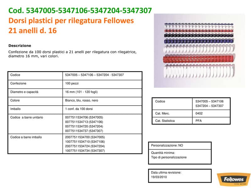 Dorsi plastici FELLOWES blu ad anello tondo 16 mm - 101-120 fogli conf.100 - 5347106