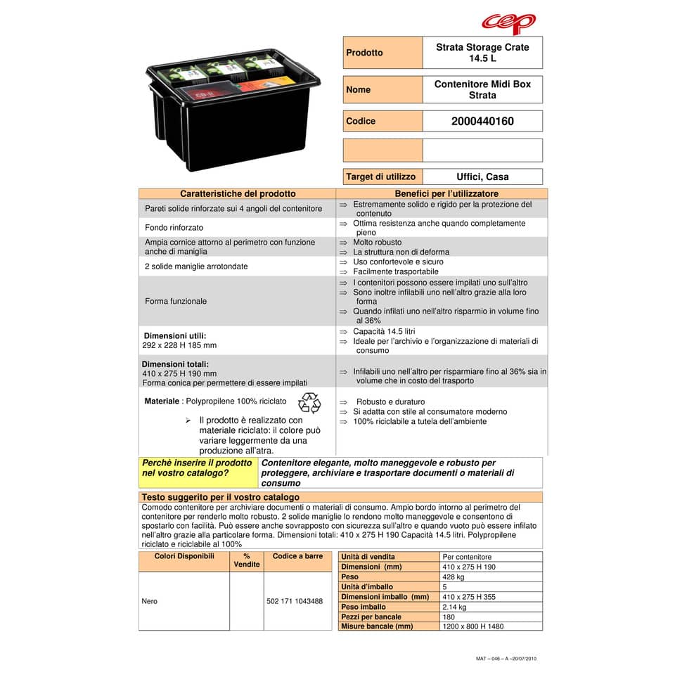 Contenitore per archivio documenti impilabile in polipropilene 14,5L Strata nero - 2000440160