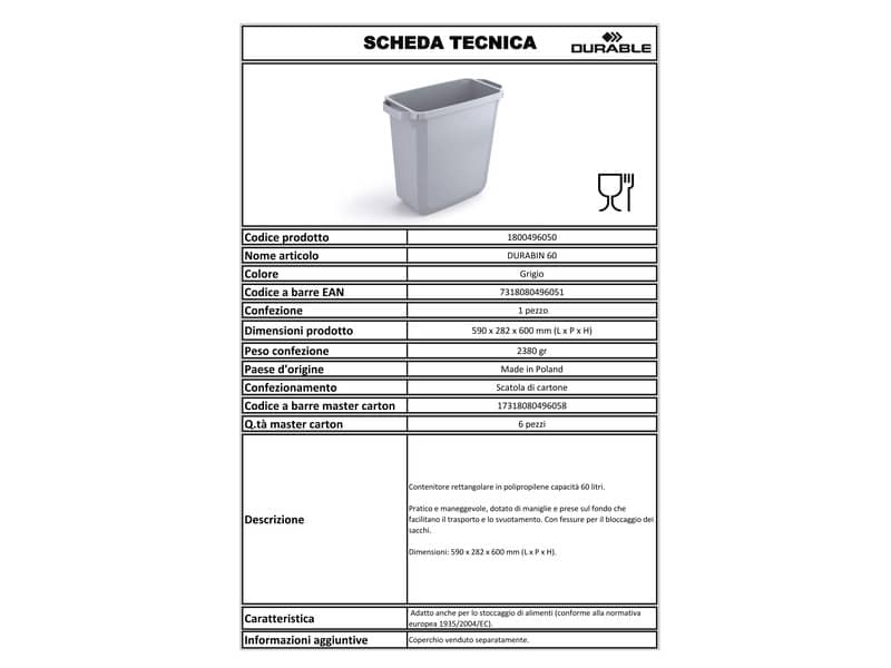 Contenitore portarifiuti DURABLE DURABIN 60 l polipropilene grigio 1800496050