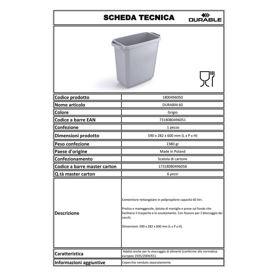 Contenitore portarifiuti DURABLE DURABIN 60 l polipropilene grigio 1800496050