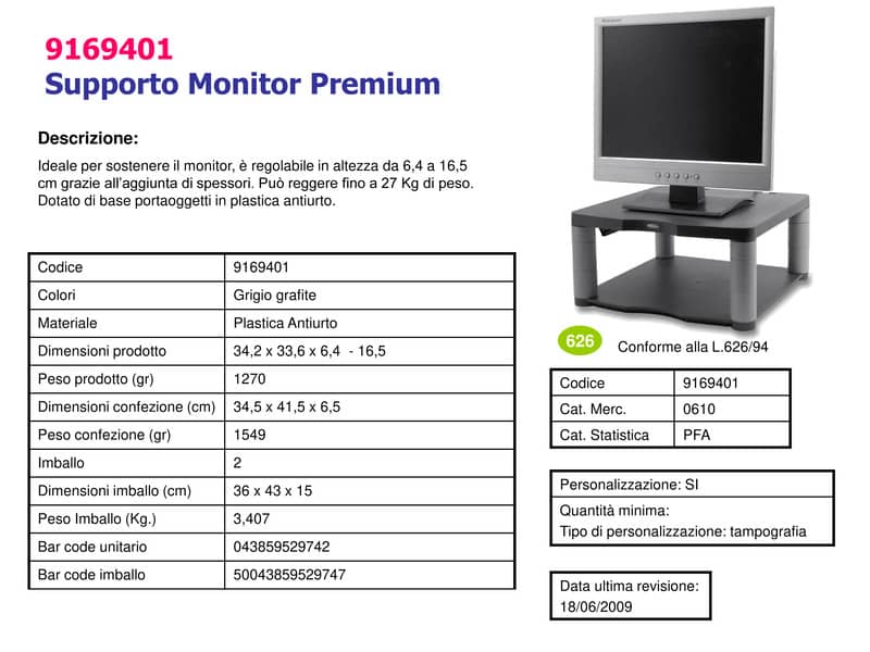 Supporto FELLOWES Premium per monitor plastica riciclata grafite 18x33x34 cm 9169401