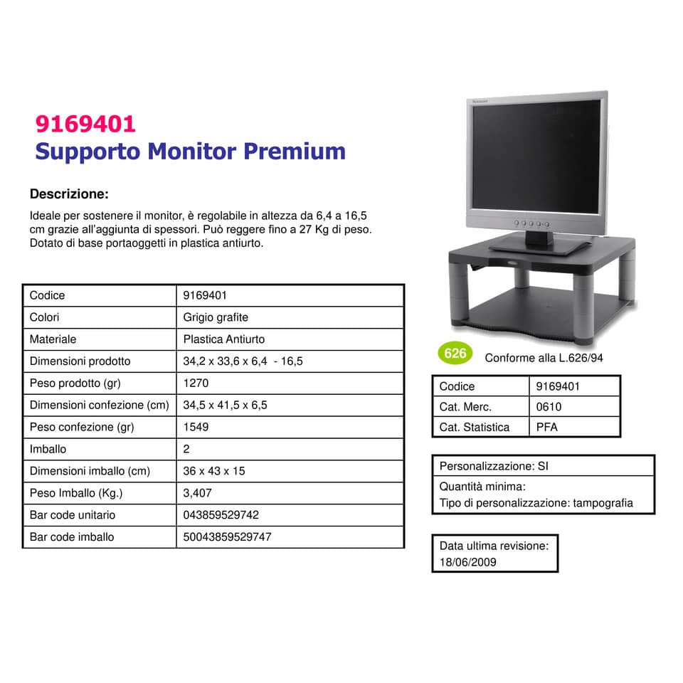Supporto FELLOWES Premium per monitor plastica riciclata grafite 18x33x34 cm 9169401
