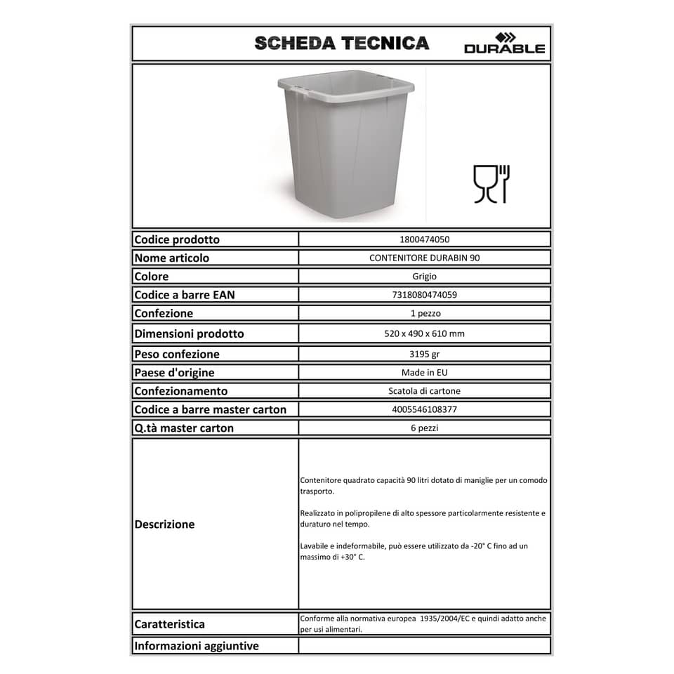 Contenitore portarifiuti DURABLE DURABIN 90 l polipropilene grigio 1800474050