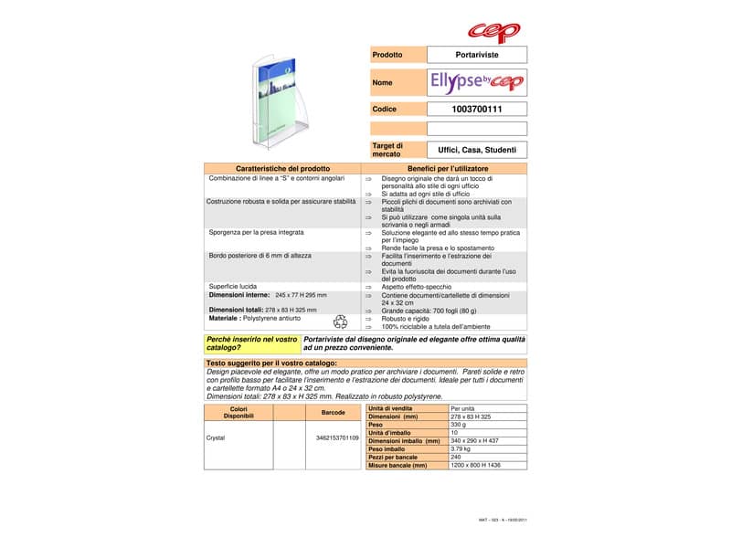 Portariviste CepPro Isis in polistirene 8,3x27,8x32,5 cm trasparente - 1003700111