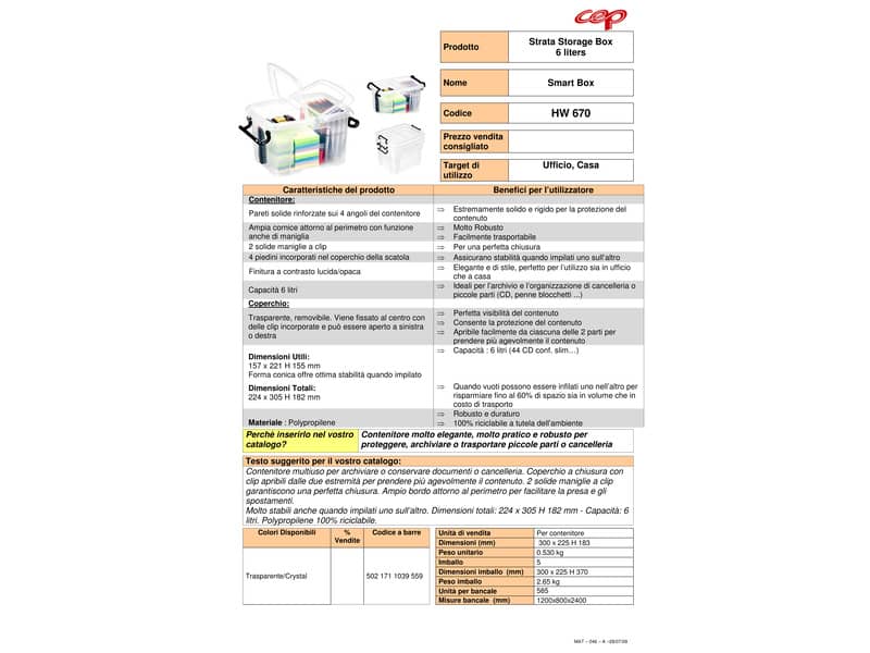 Contenitore con doppio coperchio in ppl 6L Strata riciclabile impilabile trasparente - 2006700110