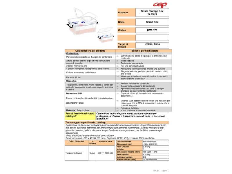 Contenitore con doppio coperchio in ppl 12 L Strata riciclabile impilabile trasparente - 2006710110