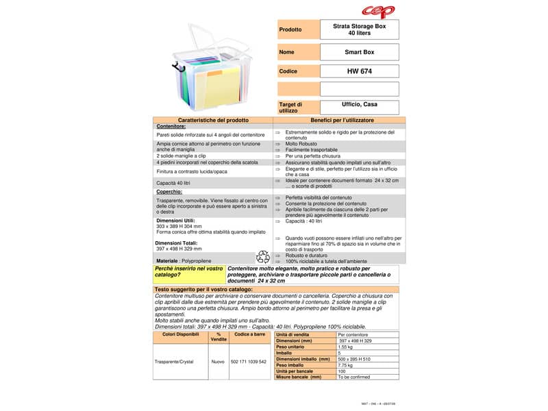 Contenitore con doppio coperchio in ppl 40 L Strata riciclabile impilabile trasparente - 2006740110