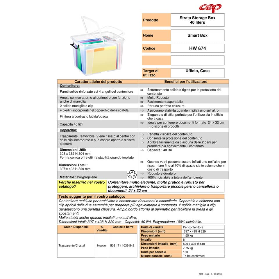 Contenitore con doppio coperchio in ppl 40 L Strata riciclabile impilabile trasparente - 2006740110