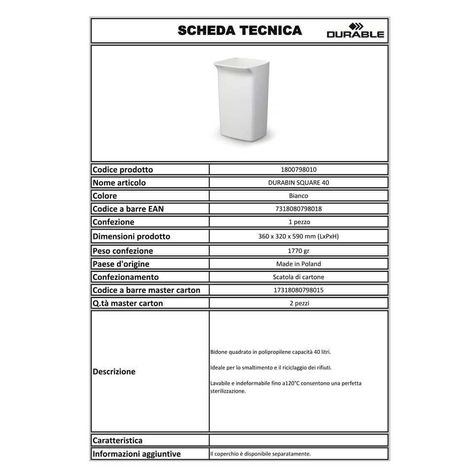 Contenitore portarifiuti DURABLE DURABIN SQUARE 40 polietilene bianco 1800798010