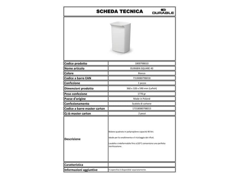 Contenitore portarifiuti DURABLE DURABIN SQUARE 40 polietilene bianco 1800798010