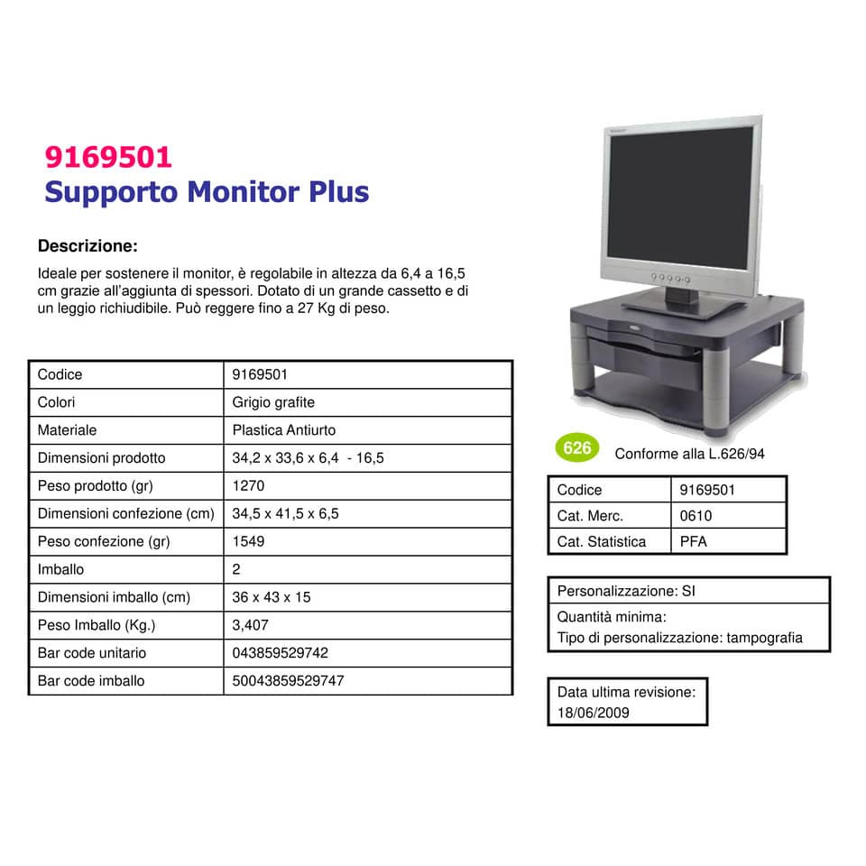 Supporto FELLOWES Premium Plus per monitor plastica riciclata grafite 34,3x33,3x6,4-16,5 cm - 9169501
