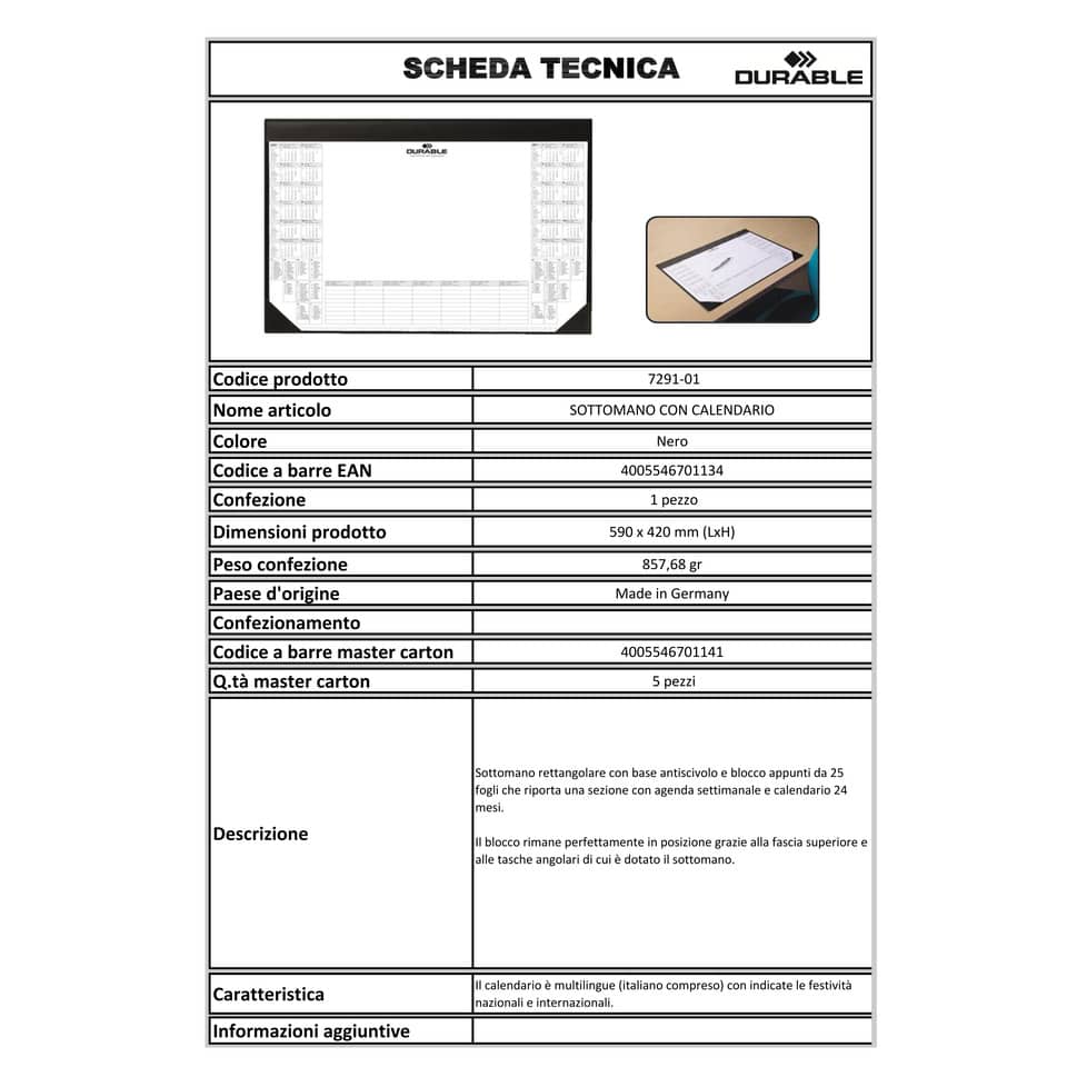 Sottomano DURABLE con calendario 2 anni pvc morbido nero 59x42 cm 729101