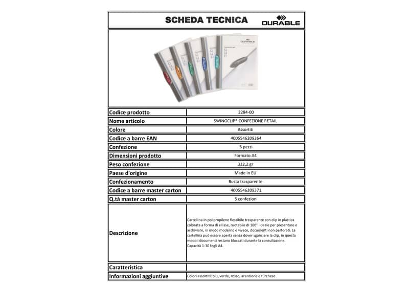 Cartelline con clip DURABLE SWINGCLIP® RETAIL PACK polipropilene flessibile A4 colori assortiti  conf. 5 - 228400