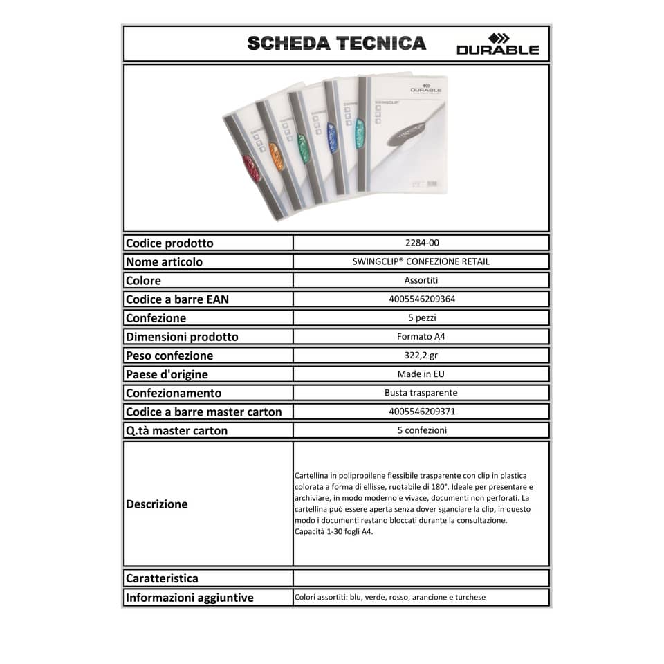 Cartelline con clip DURABLE SWINGCLIP® RETAIL PACK polipropilene flessibile A4 colori assortiti  conf. 5 - 228400