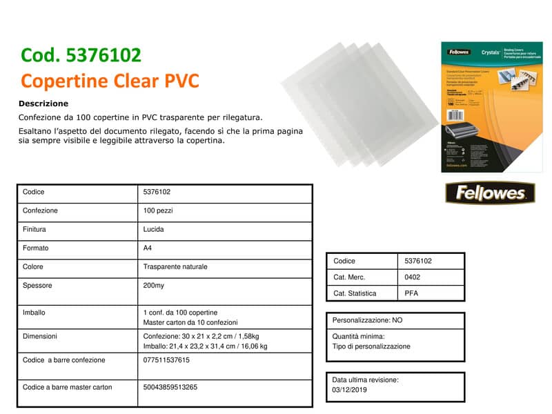 Copertine per rilegatura FELLOWES Super Clear PVC trasparente A4 conf.100 - 5376102