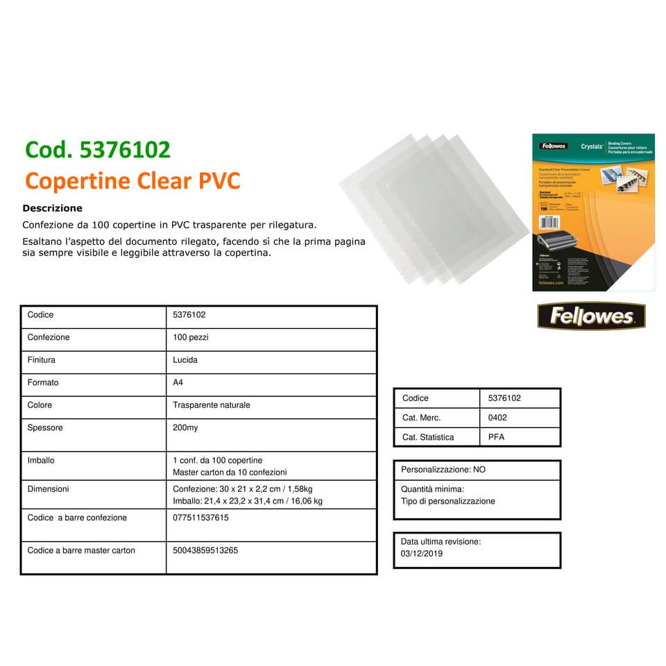 Copertine per rilegatura FELLOWES Super Clear PVC trasparente A4 conf.100 - 5376102