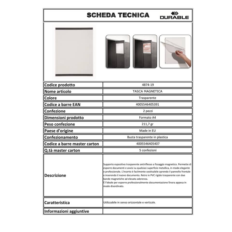 Tasca magnetica DURABLE plastica trasparente formato A4 busta da 2 - 487419