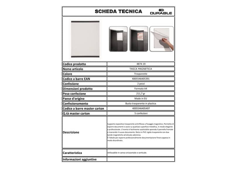 Tasca magnetica DURABLE plastica trasparente formato A4 busta da 2 - 487419