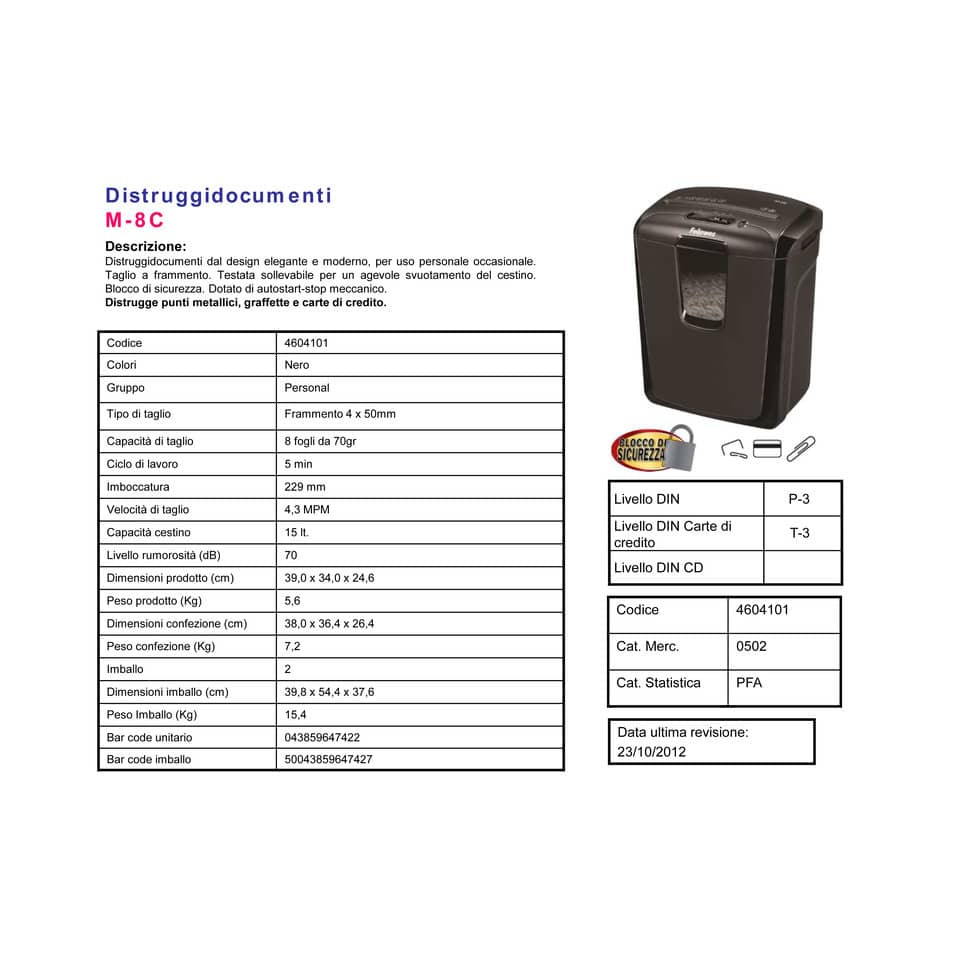 Distruggidocumenti uso moderato FELLOWES Powershred® M-8C P-3 15 l taglio a frammento - 4604101
