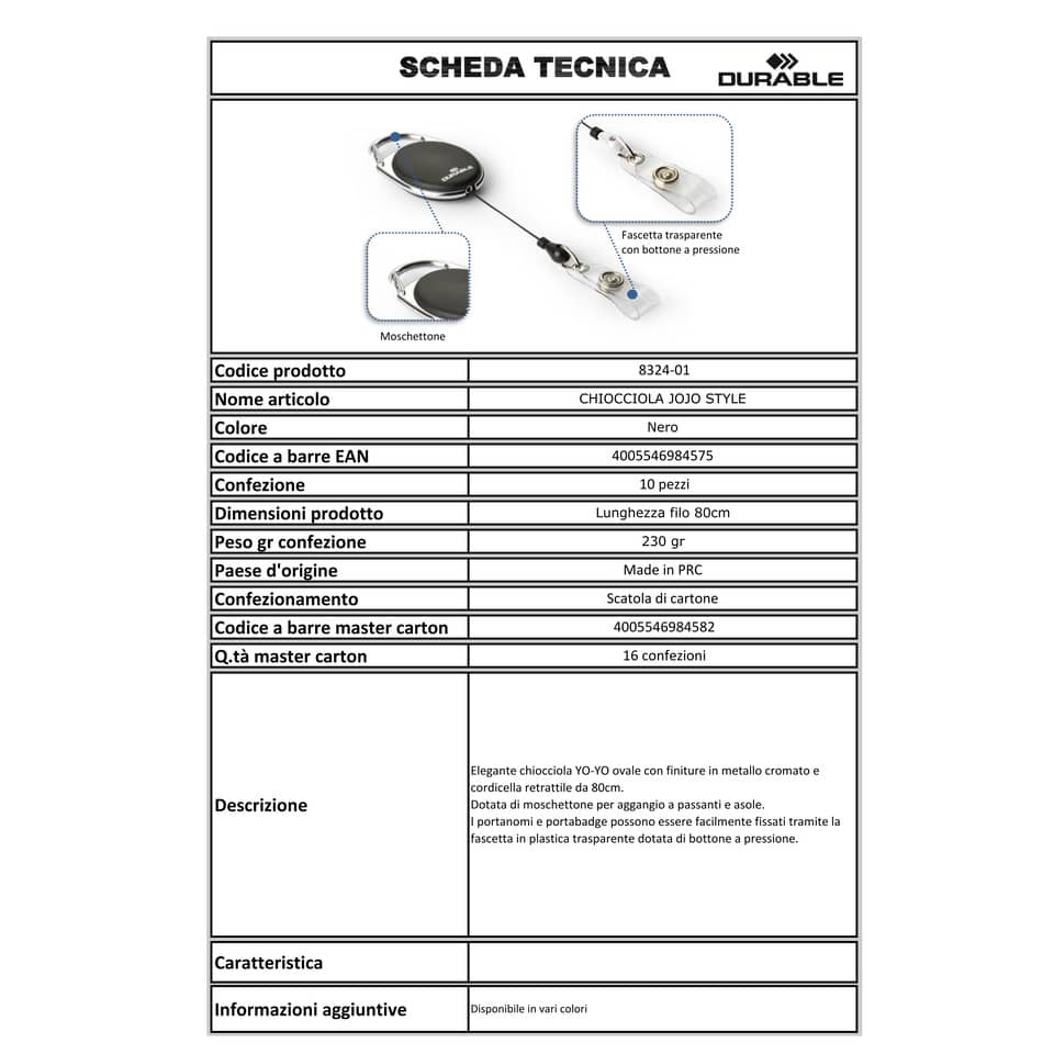 Accessori per portanomi e portabadge DURABLE chiocciole YO-YO ovali nero/metallo cromato  conf. 10 - 832401