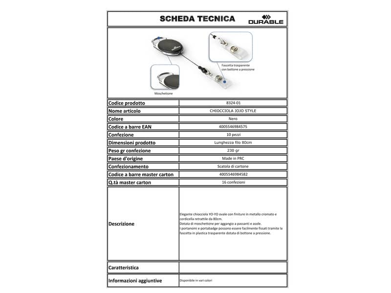 Accessori per portanomi e portabadge DURABLE chiocciole YO-YO ovali nero/metallo cromato  conf. 10 - 832401