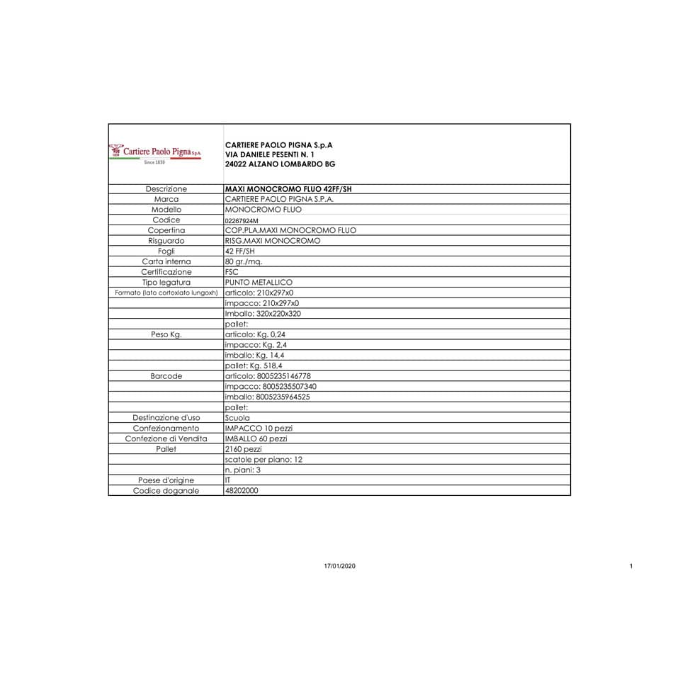 Quaderno 42 fogli PIGNA Monocromo Fluo A4 a quadretti 4M assortiti 02267924M