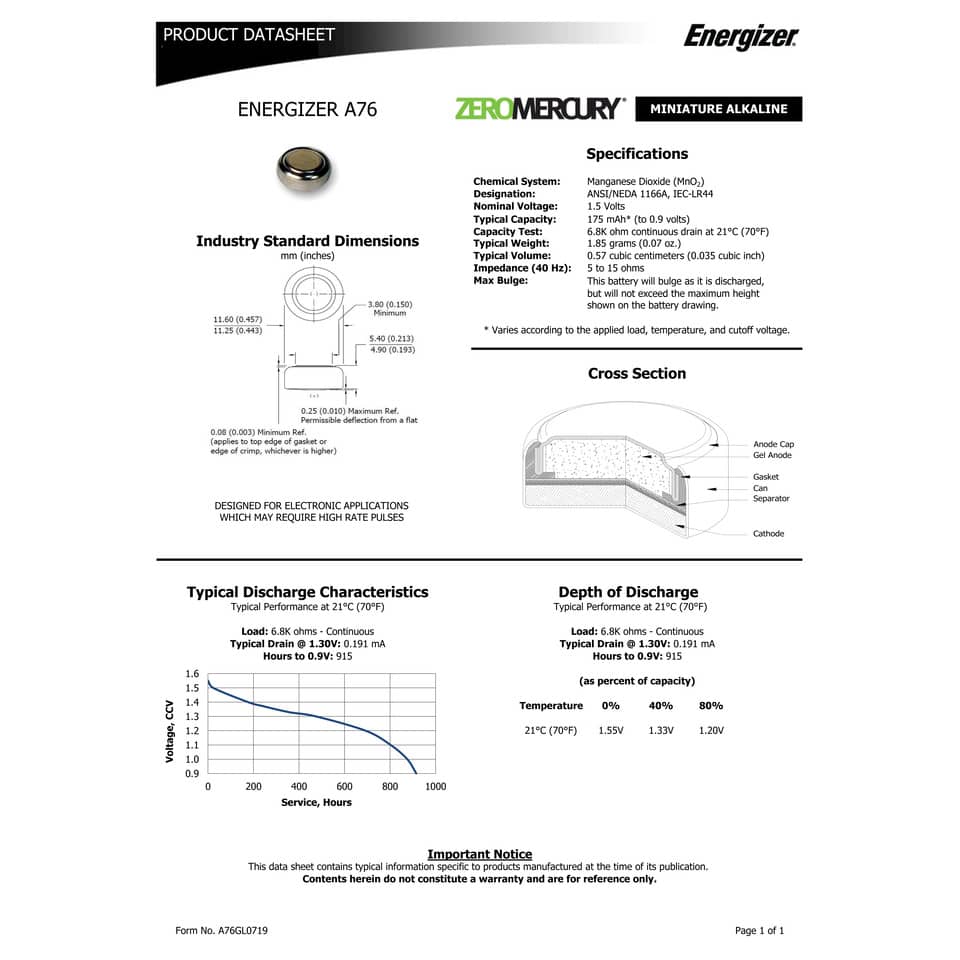 Batterie alcaline a bottone ENERGIZER LR44/A76 conf. da 2 - E301536600