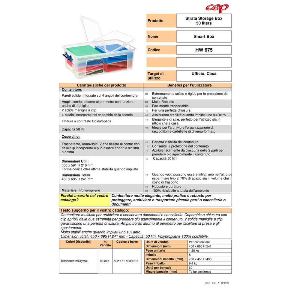 Contenitore con doppio coperchio in ppl 50 L Strata riciclabile impilabile trasparente - 2006750110