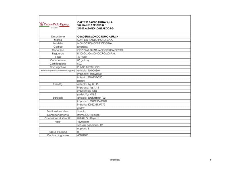 Quaderno 40 fogli Pigna Monocromo A5 5mm assortiti 02217785M