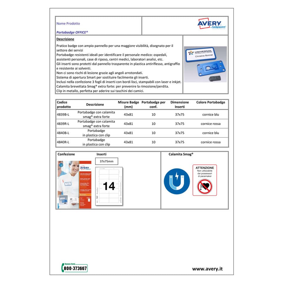 Portabadge Avery Office® con calamita smag® extra forte 81x43 mm blu Conf. 10 pezzi + 3 inserti - 4839B-L