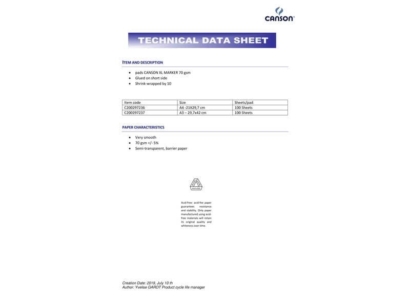 Blocco collato lato corto CANSON XL Marker bianco 70 g/m² 100 fogli A3 C200297237