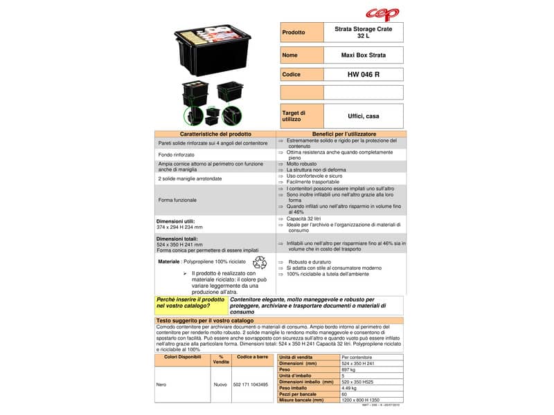 Contenitore Maxi impilabile in polipropilene 32 L Strata riciclabile nero - 2000460160