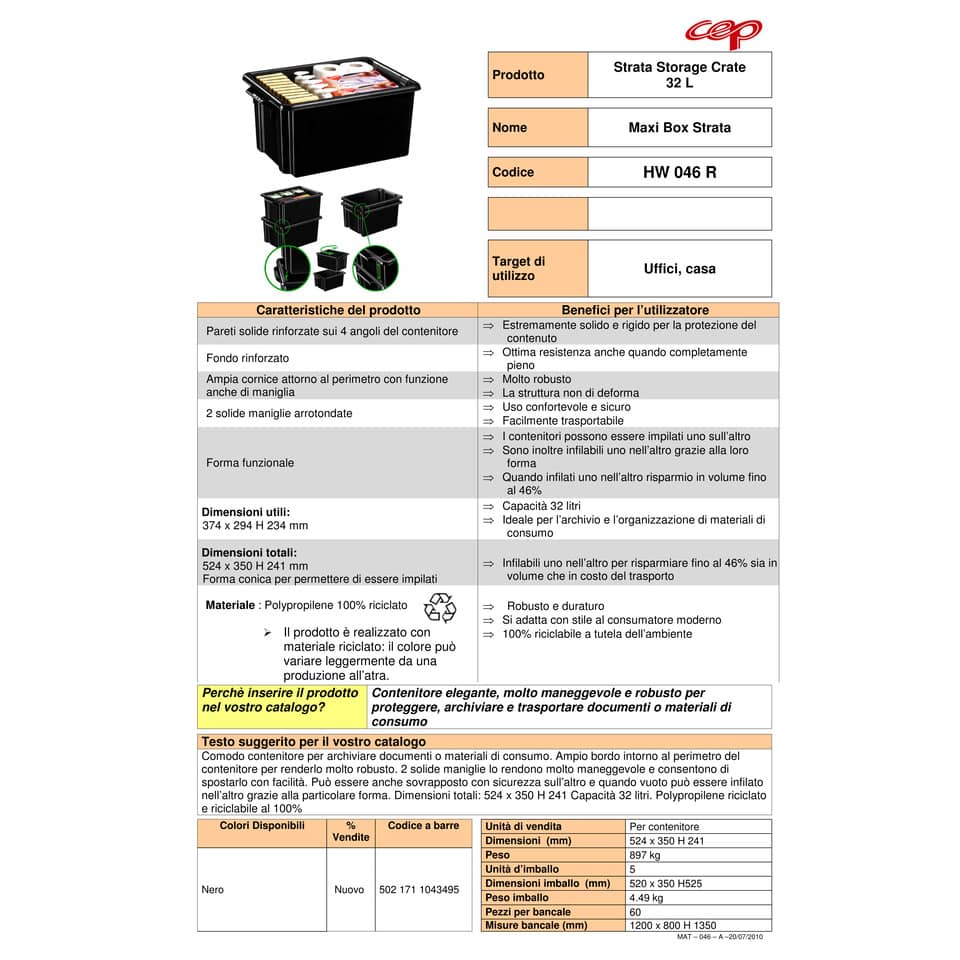 Contenitore Maxi impilabile in polipropilene 32 L Strata riciclabile nero - 2000460160