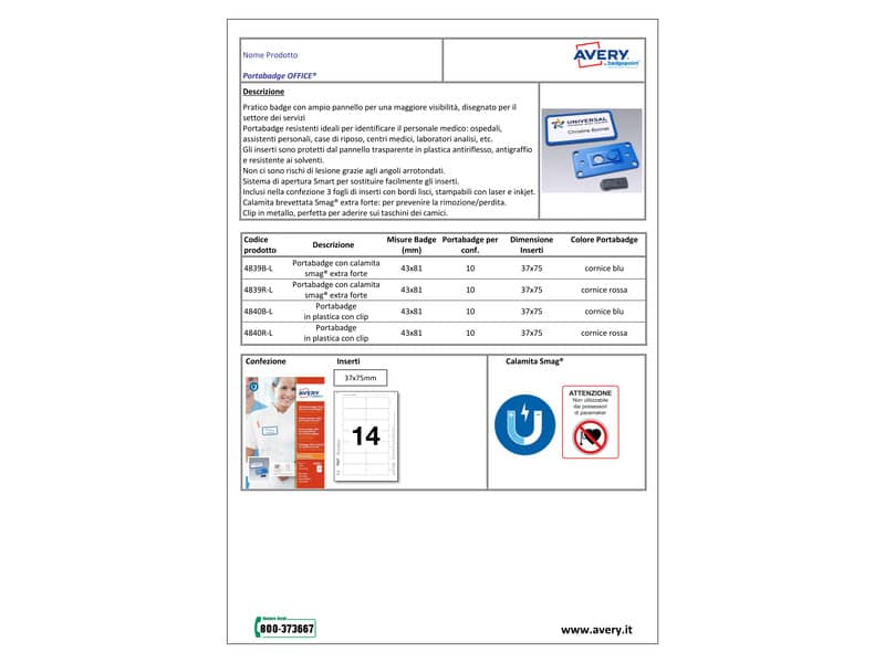 Portabadge Avery Office® con calamita smag® extra forte 81x43 mm rosso Conf. 10 pezzi + 3 inserti - 4839R-L