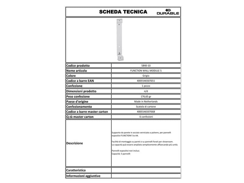 Supporto da parete DURABLE FUNCTION WALL MODULE 5 acciaio verniciato a polvere grigio - 584010