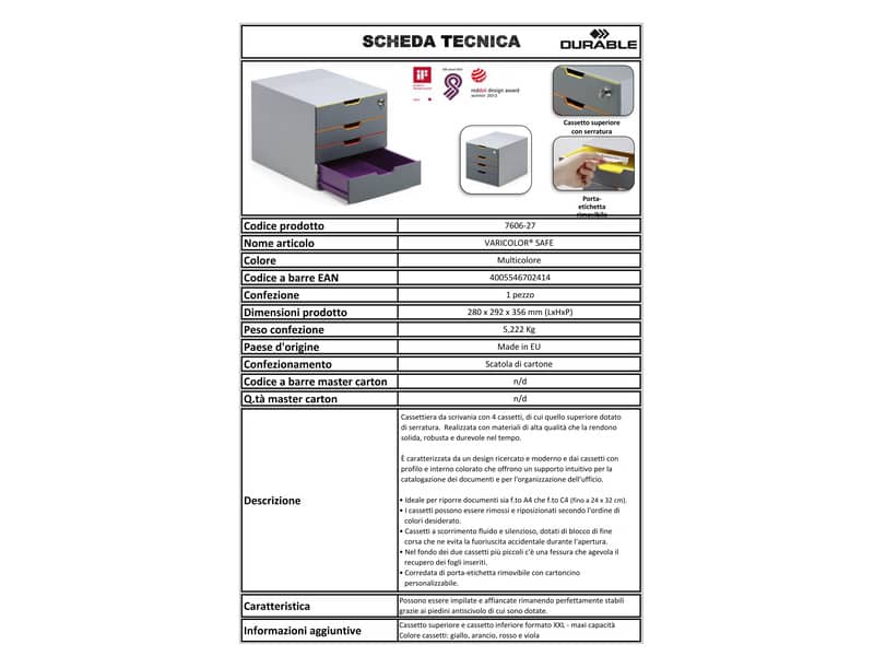 Cassettiera DURABLE VARICOLOR® SAFE 4 cassetti 32x38,5x32 cm pofili assortiti 760627