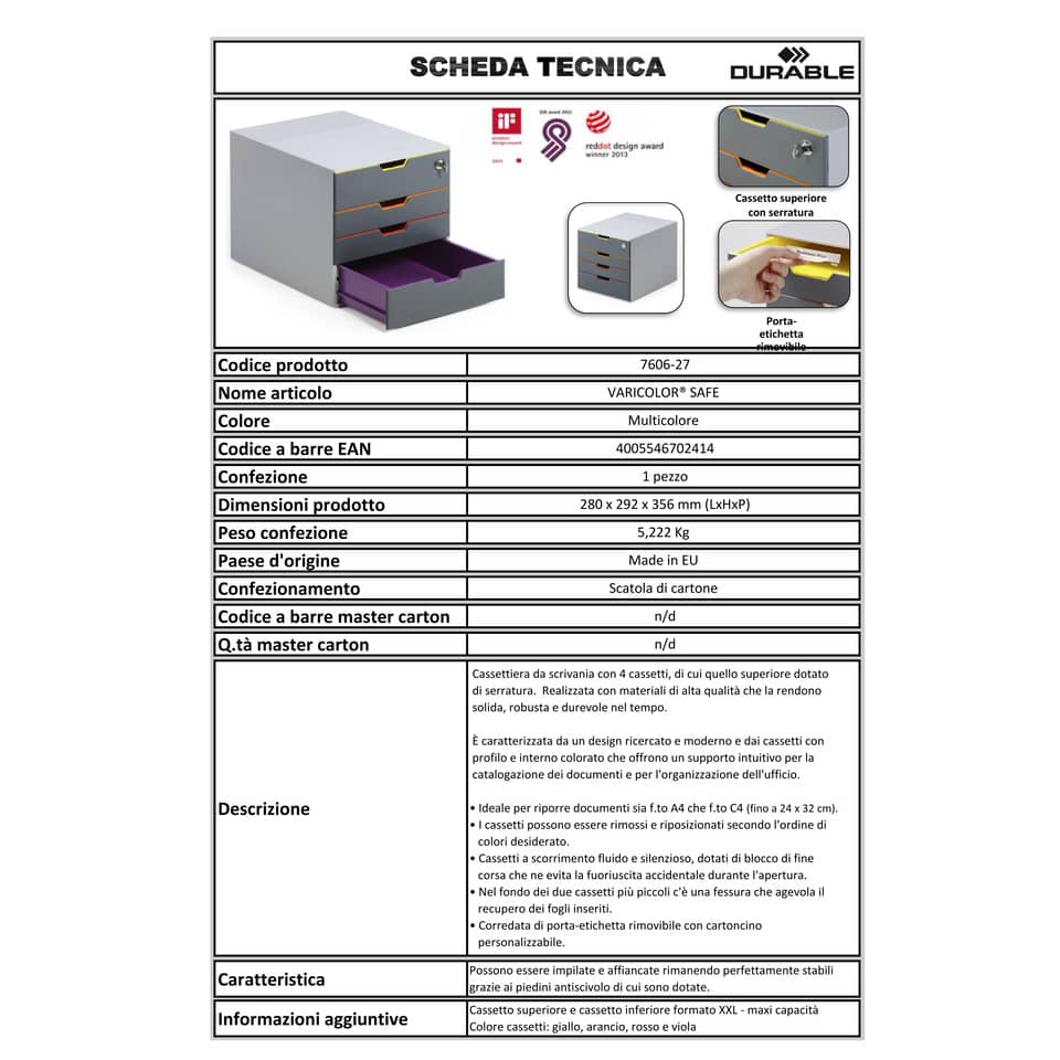 Cassettiera DURABLE VARICOLOR® SAFE 4 cassetti 32x38,5x32 cm pofili assortiti 760627