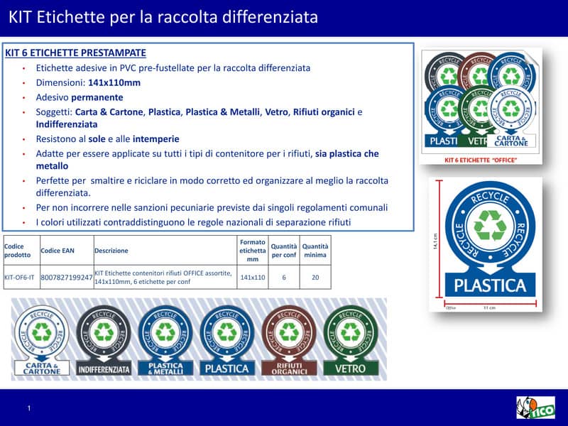 Etichette per contenitori portarifiuti raccolta differenziata TICO 114x110 mm 1 et./foglio - conf. 6 fogli KIT-OF6-IT