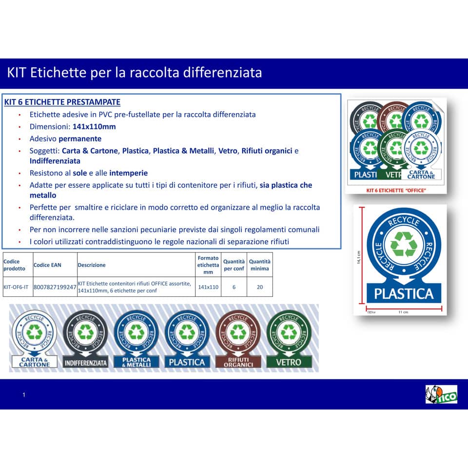 Etichette per contenitori portarifiuti raccolta differenziata TICO 114x110 mm 1 et./foglio - conf. 6 fogli KIT-OF6-IT