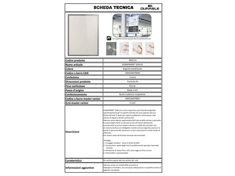 Cornici in pellicola adesiva DURABLE DURAFRAME® SUN A3 argento metallizzato 323x446mm  conf. 2 - 484223