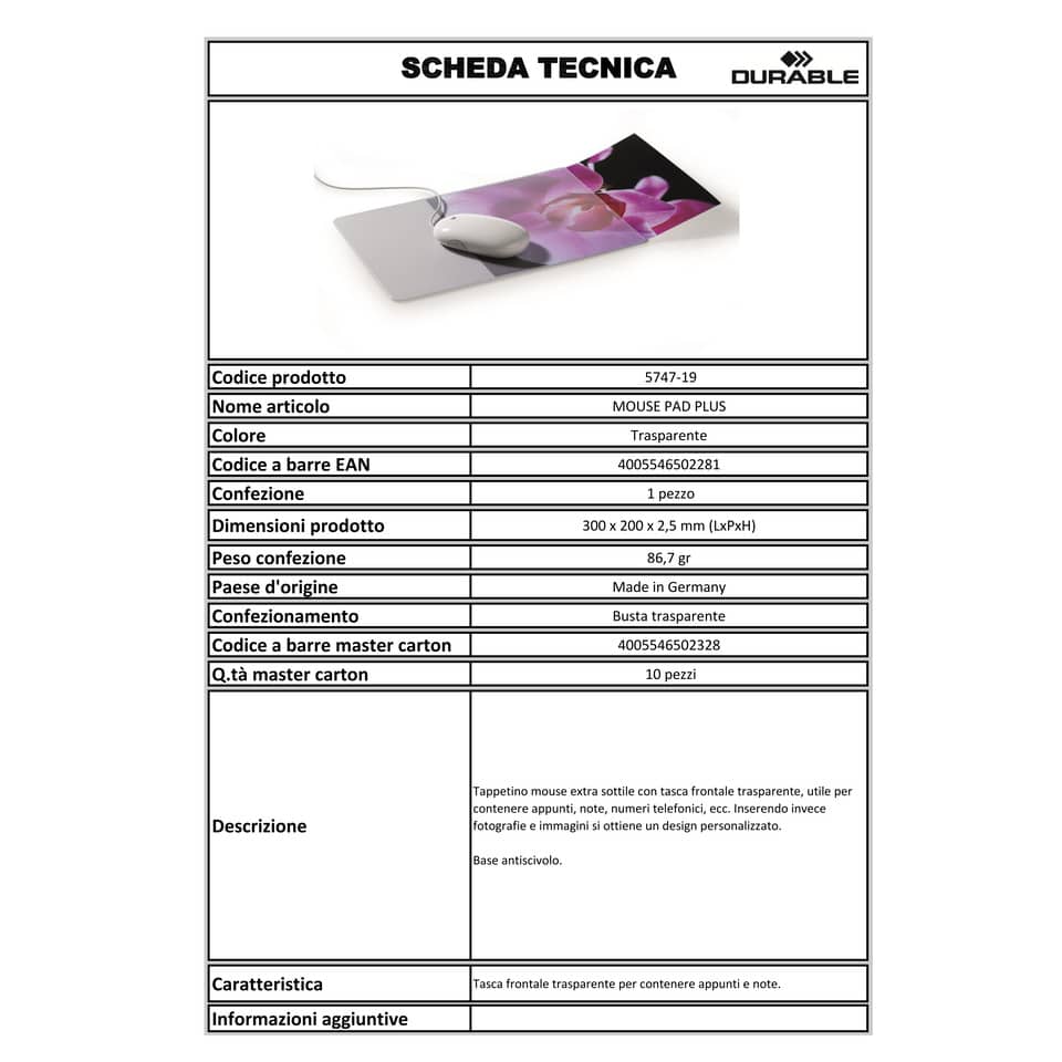 Tappetino mouse DURABLE extrasottile 300x200x2,5 mm trasparente 574719