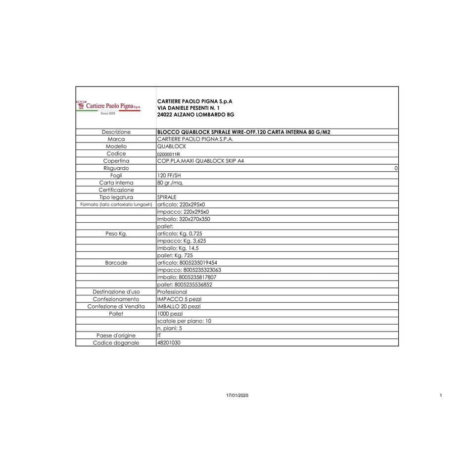 Blocco spiralato 120 fogli Pigna Quablock a 4 fori A4 1R 02000011R